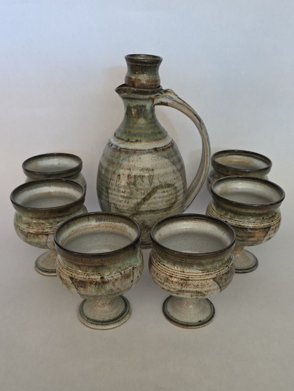 Vtg John Dunlap Studio Pottery Beverage Set - 8 Piece Stoneware Decanter Goblets